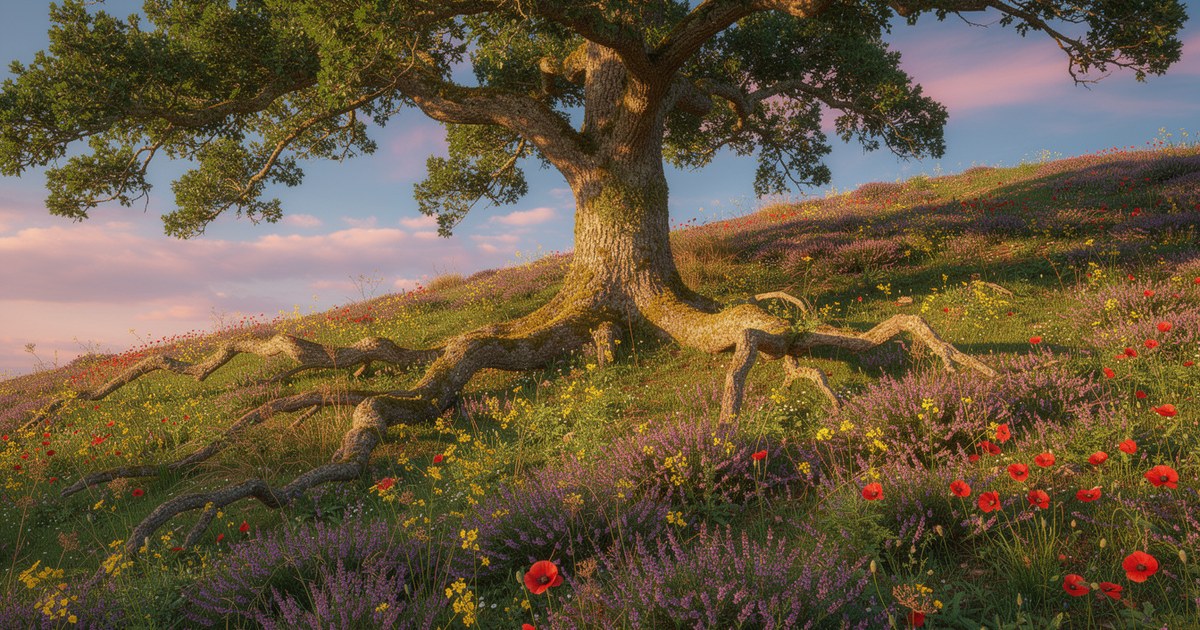 An old oak tree with sprawling roots on a green hillside covered in purple heather, red poppies and yellow wildflowers under a pink-tinged sky.