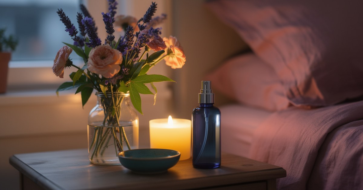 Glass bottle of purple lavender sprigs beside a teal pillow, a blue mist bottle, and a lit candle on a bedside table at dusk