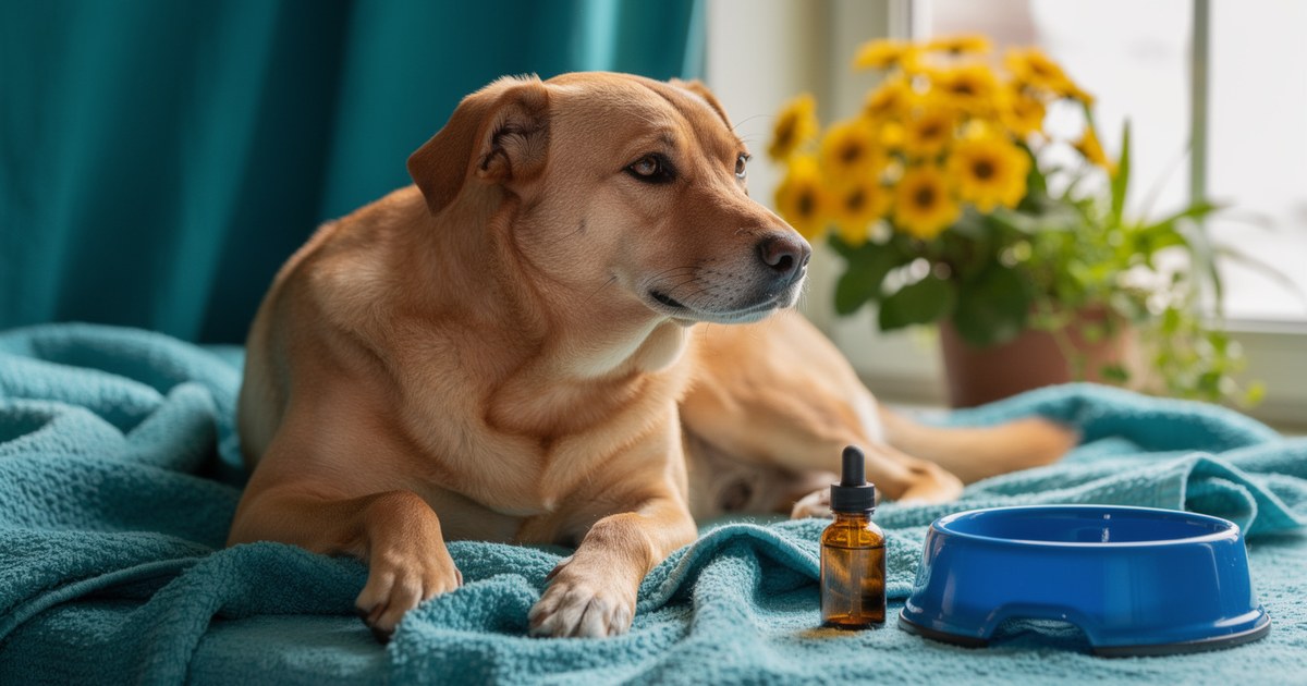 A tan dog resting on a teal blanket beside a small amber dropper bottle and a blue water bowl, with a pot of yellow flowers by a bright window.
