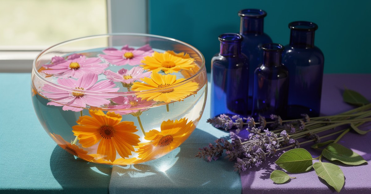 A clear glass bowl of water with floating pink cosmos and yellow calendula beside cobalt blue glass bottles, purple lavender sprigs and green leaves on a teal ledge.