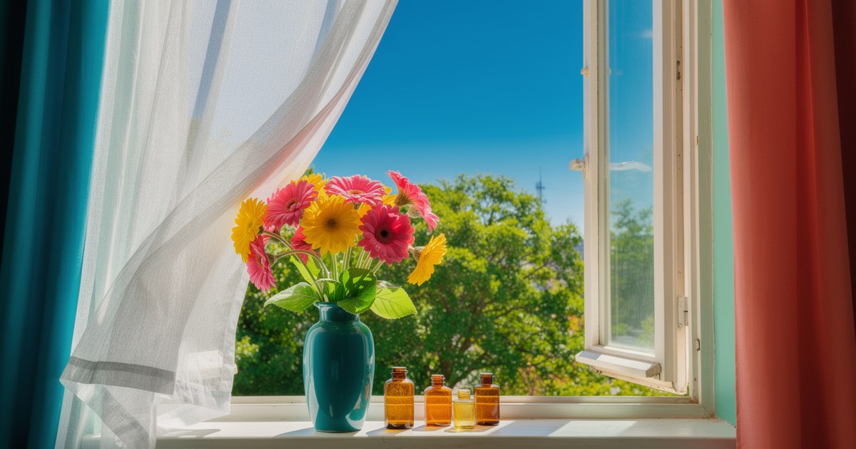 An open window with a sheer white curtain, a blue sky and green trees outside, a teal vase of pink and yellow gerberas and small amber bottles on the sill.