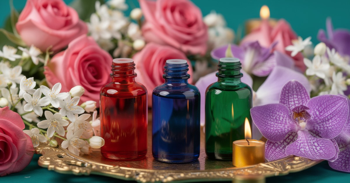 Red, blue and green glass oil bottles on an ornate gold tray among pink roses, white jasmine and purple orchids, with two lit candles against a teal wall.