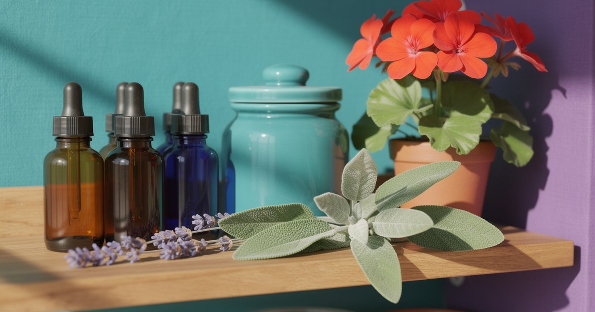 Amber and cobalt blue dropper bottles, a teal ceramic jar, fresh sage leaves, lavender sprigs and a pot of red geraniums on a wooden shelf against teal and violet walls.