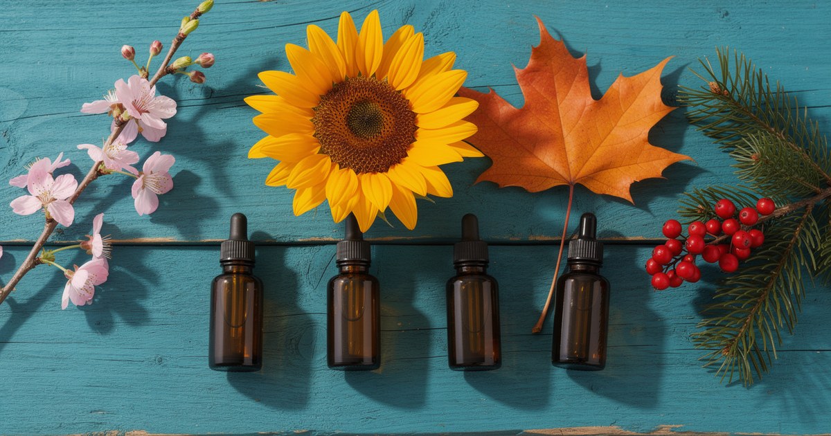 Four amber dropper bottles in a row on teal painted wood, with pink cherry blossom, a sunflower, an orange maple leaf, pine sprigs and red winterberries above them.