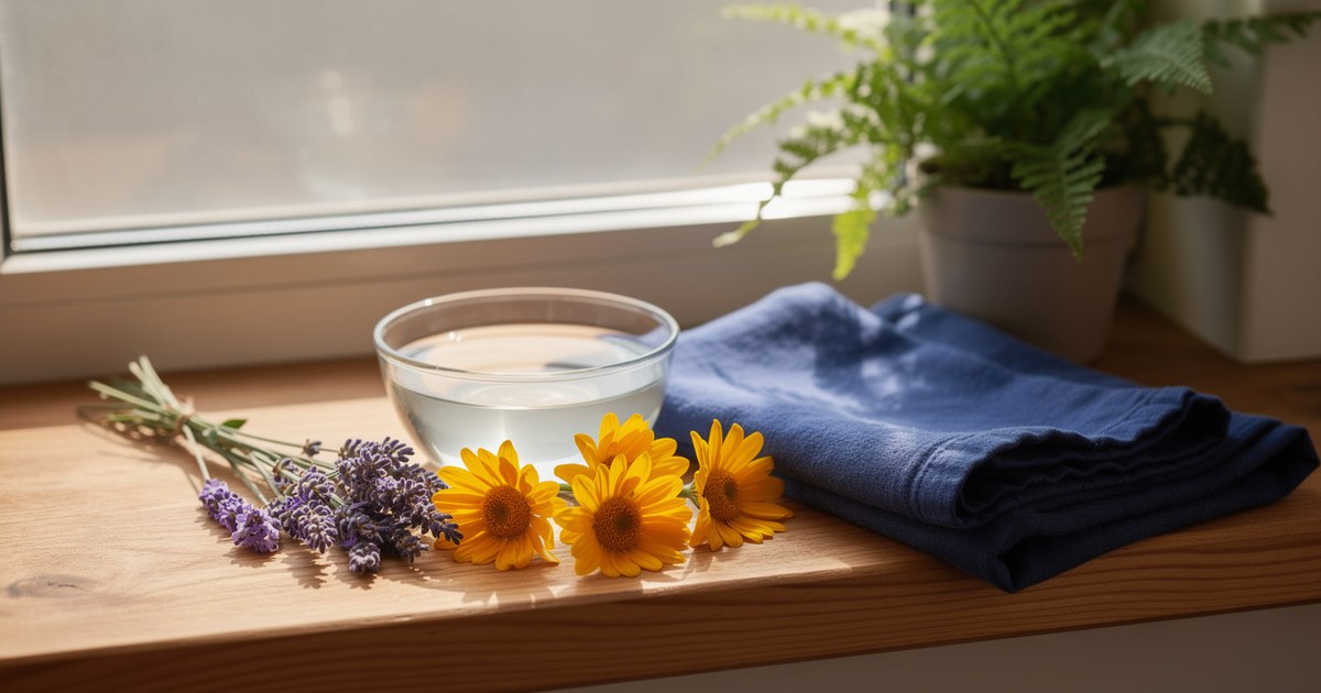 Sunlit windowsill with a small bowl of water, fresh purple lavender, yellow daisies, and a green plant beside a folded blue cloth