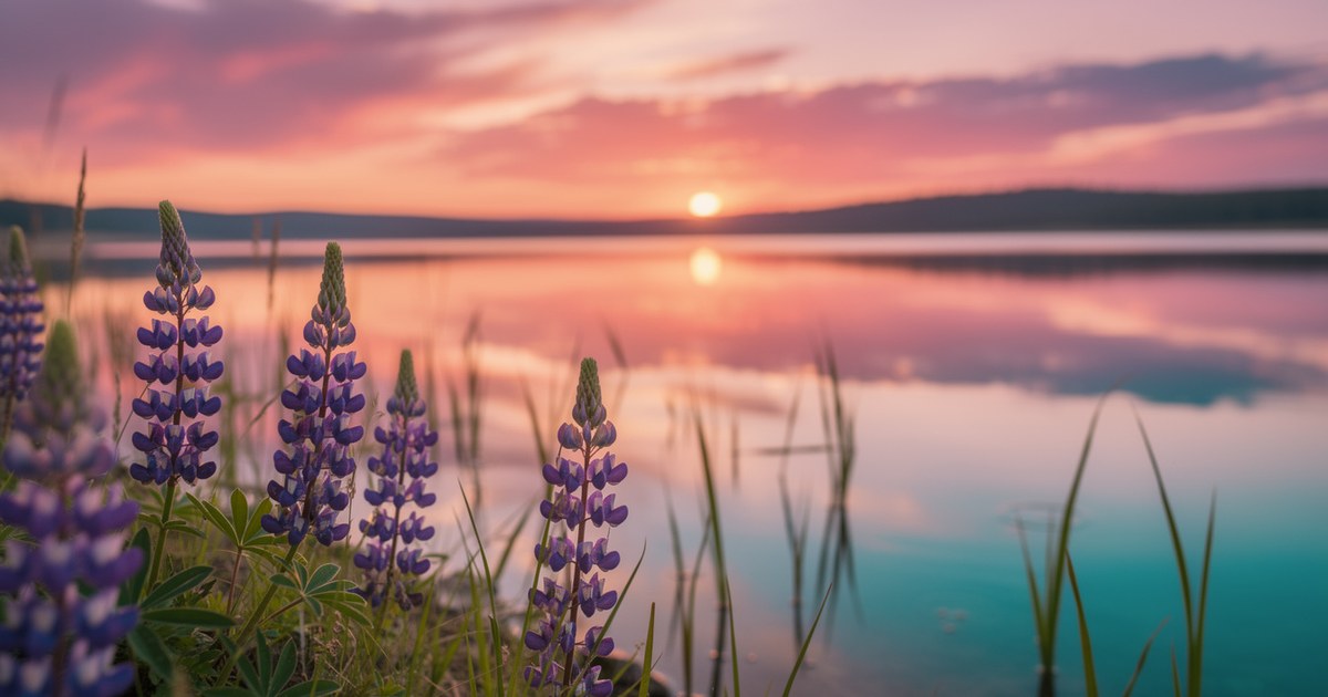 A calm lake at sunset under a pink and orange sky, with purple lupine flowers and tall grasses along the shore in the foreground.
