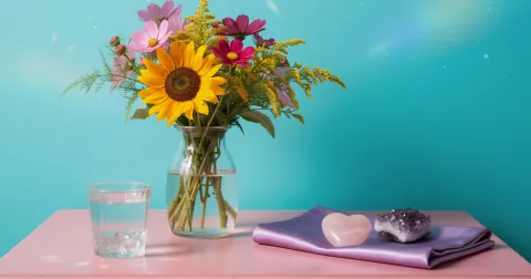 A vase of sunflowers, pink cosmos and goldenrod beside a glass of water, a rose quartz heart and an amethyst cluster on lavender silk against a turquoise wall