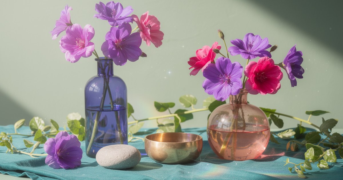 Sage green wall behind a teal linen cloth holding violet and pink blooms in colored glass, a smooth river stone and a small singing bowl in bright daylight